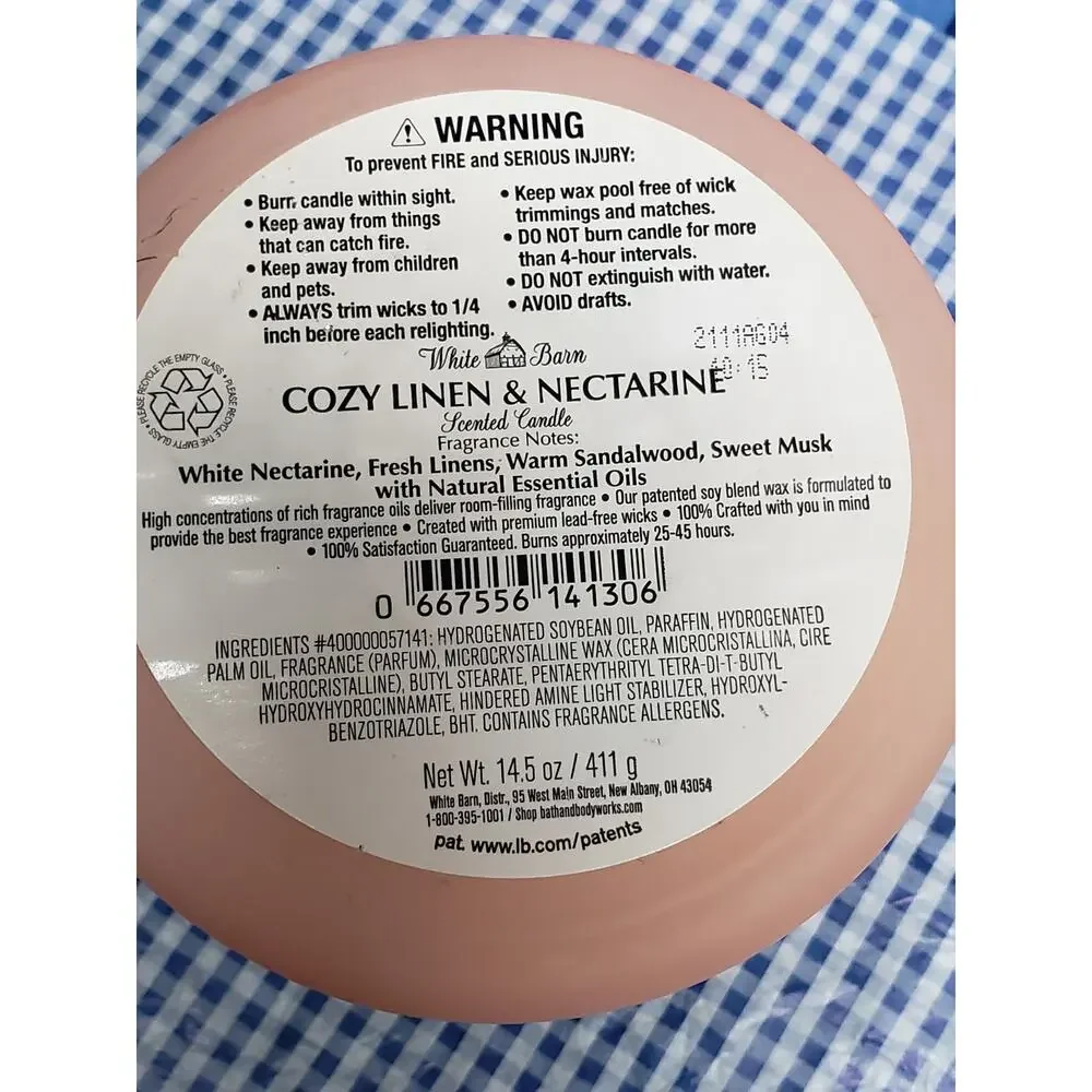 BBW Cozy Linen & Nectarine Large 3 Wick Candle Home Fragrance Decor